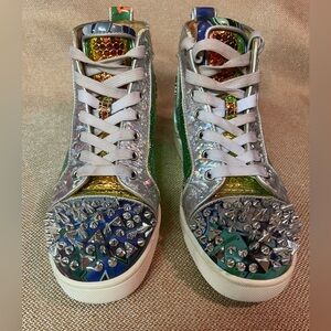Christian Louboutin Size 39 Silver and Green Spiked High-Top Sneakers